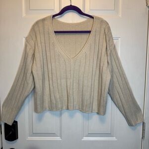 SHEIN Cream V-Neck Ribbed Knit Sz 2X Drop Shoulder Women's Sweater